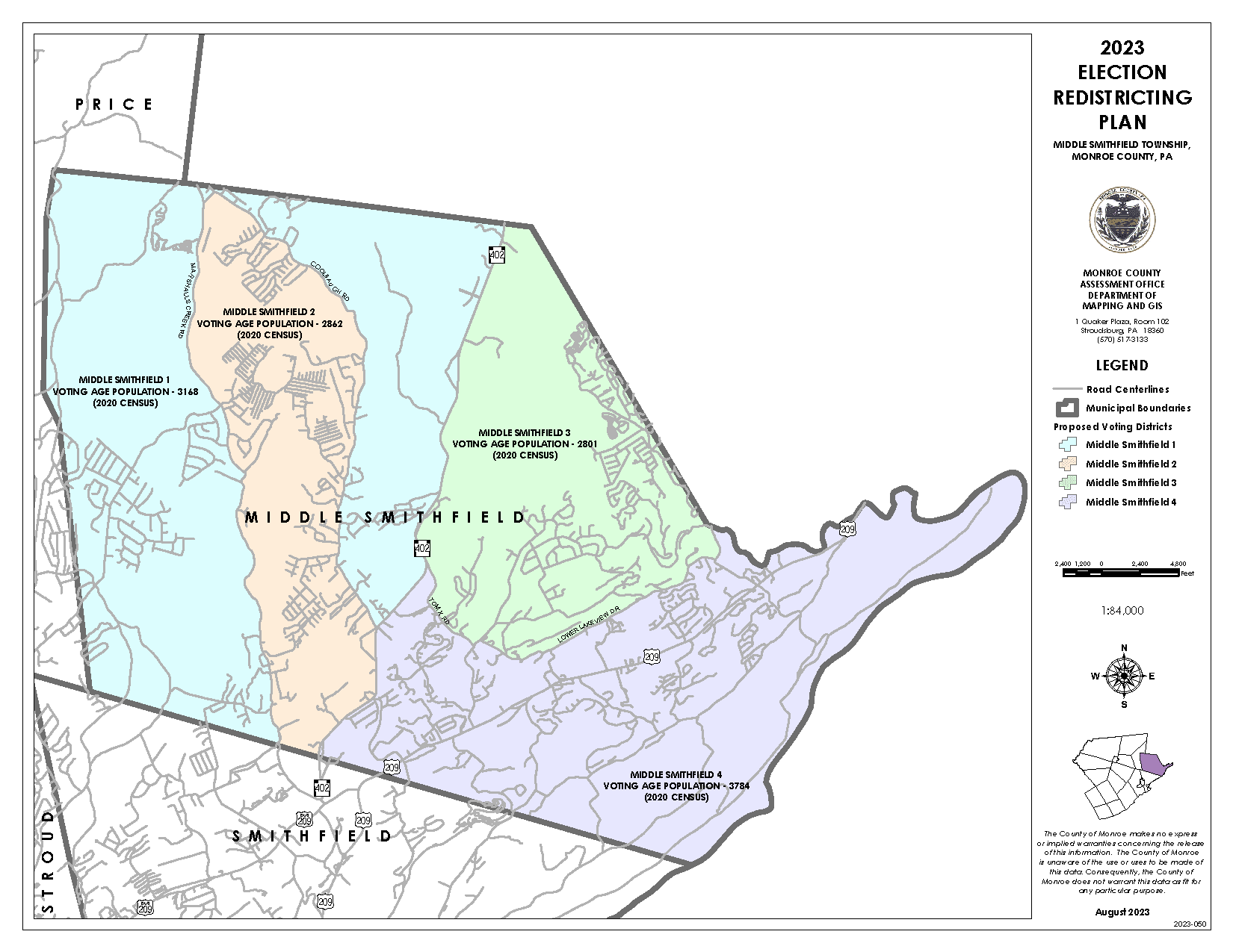 Map of Middle Smithfield Township showing proposed new voting districts for 2024