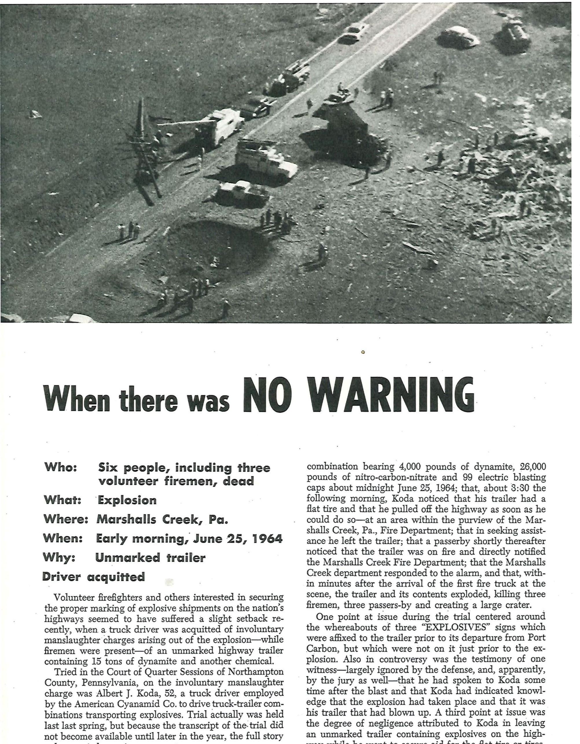 1964 article about the explosion including aerial image