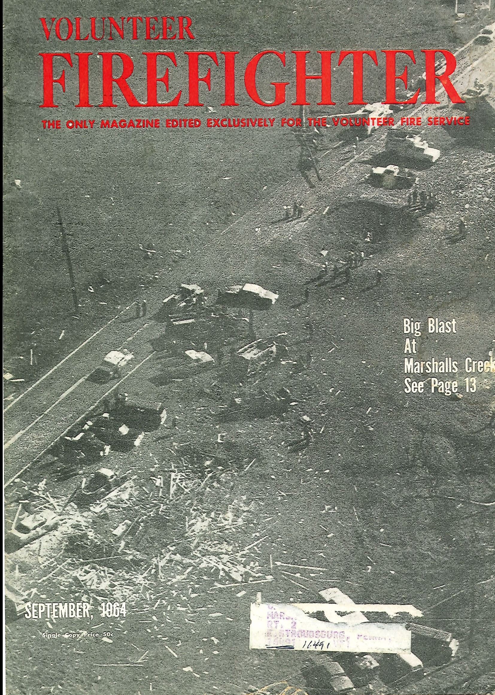 Volunteer Firefighter Magazine cover from September 1964 with aerial image of explosion as the cover