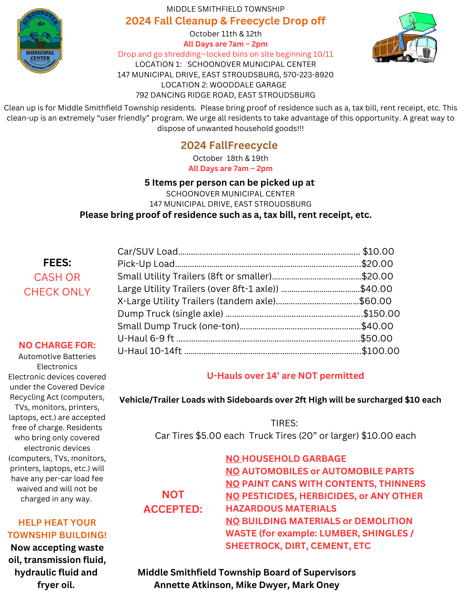 Township fall cleanup, Fri 10/11 and Sat 10/12, 7am-2pm both days