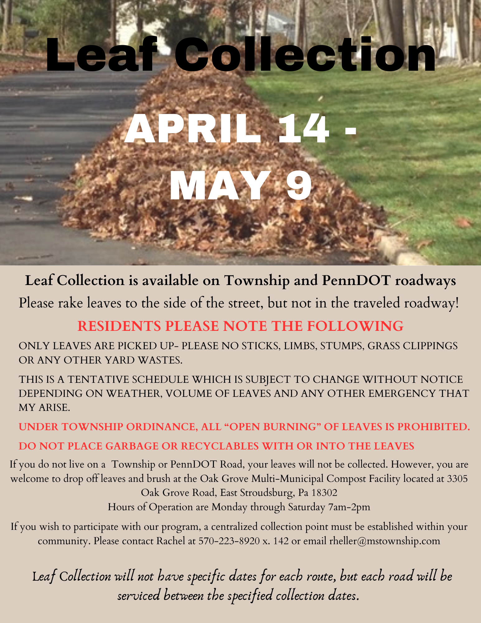 Flyer for the spring leaf collection, running weekdays from April 14 to May 9, weather permitting.